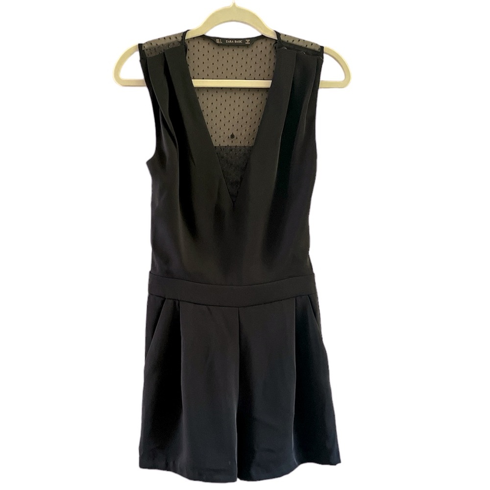 Zara Basic Women’s Black Romper Vneck with Sheer Swiss Dot back sleeveless Small